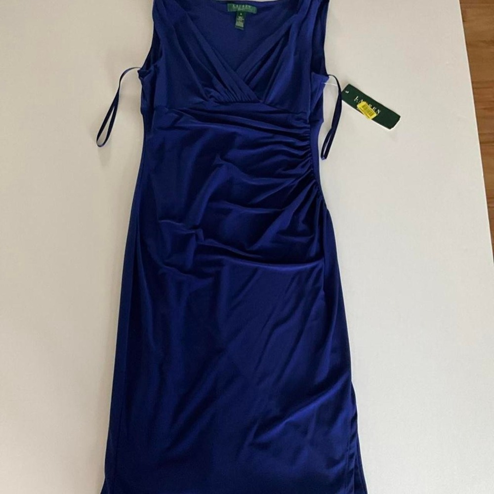 Lauren Ralph Lauren Blue Satin Dress Womens Size 4 Sleeveless V Neck Midi Nwt